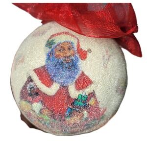 Sugared African American Santa Claus Festive Tree Bauble Set Of 5 W/Red Ribbon